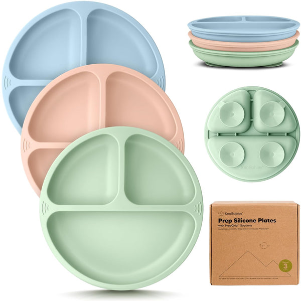 KeaBabies 3-Pack Suction Plates for Baby, Toddler - 100% Silicone Divided Plates, BPA-Free, Microwave & Dishwasher Safe