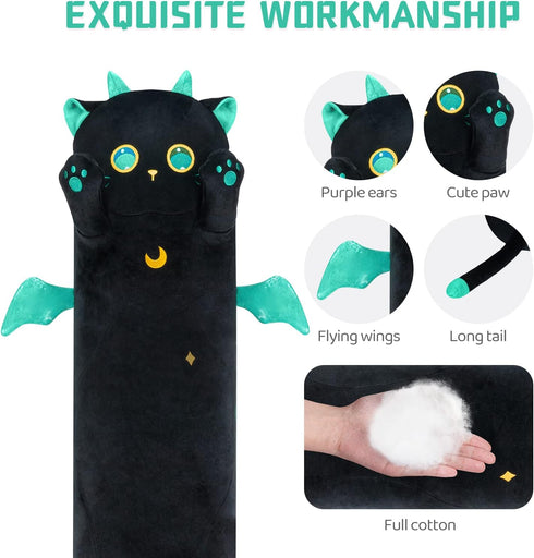 Long Cat Plush Kawaii Body Pillow, 20” Cute Black Cat Stuffed Animals Soft Plushies, Big Eyes Kitten Plush Toys Throw Pillow Doll Gift for Girlfriend