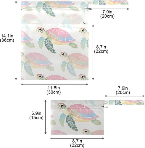 Burbuja 2 Pack, 2 Watercolor Sea Turtles Wet Dry Bags for Baby Cloth Diaper Waterproof Reusable Wet Bag with Zippered