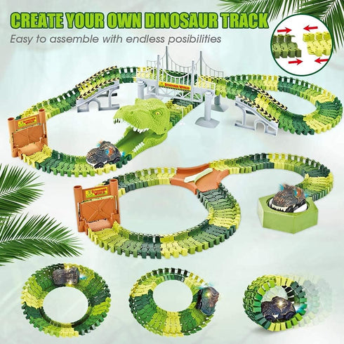 174 Playset 8 PCS Flexible Dinosaur Train Tracks and Race Cars with Dinosaurs Figures, Electric Vehicles, Lights