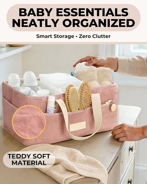 Baby Diaper Caddy Organizer with Portable Changing Mat - Teddy Fleece Diaper Organizer for Changing Table - Basket