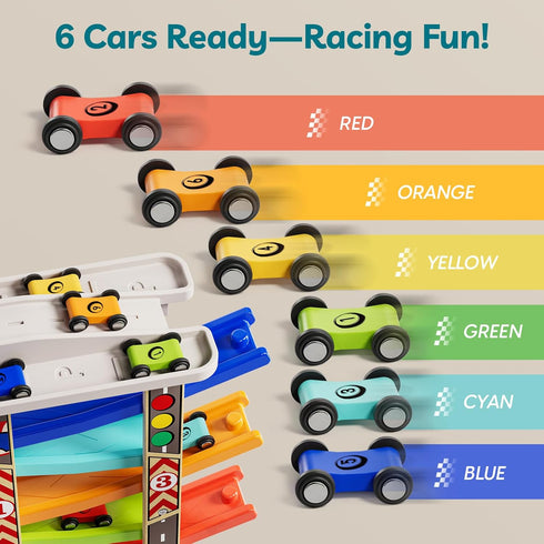 1-3 6 1 1 TOP Bright Wooden Race Track Car Ramp Toys for Toddlers Years Old with Mini Cars, Car Garage & Extra Bridges