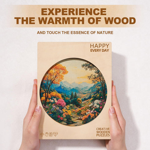 300 13.4in Wooden Puzzles for Adults Pieces, Scenic Mountain Landscape Round Wood Jigsaw Puzzle, Unique Irregular Laser
