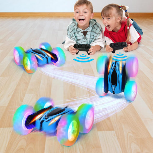 FunsLane 2 Pack 2.4GHz 4WD 360 Remote Control Car Toys for Kids, RC Stunt Cars with Wheel Lights, Drift High Speed Off