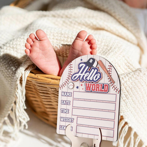 Fukaisu Hello World Newborn Sign, Wooden Baby Birth Announcement Sign with Pen for Boys Girls New Baby Name Plaque