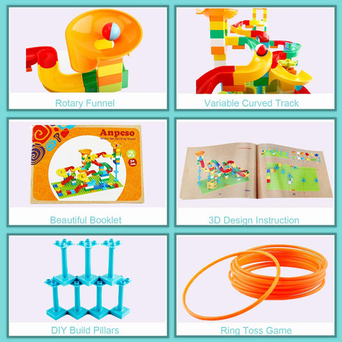 2-in-1 Kids Toys for 2-7 Year Olds, Classic Big Bricks Marble Run Building Blocks, Toss Ring Games