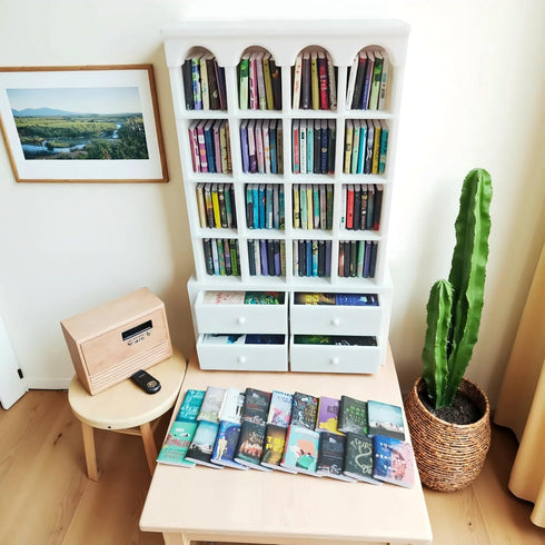 M.Zibos 1:12 4 100 Mini Bookshelf for Anxiety Relief - Scale Vintage Bookcase with Drawers & Mini Books, Dollhouse