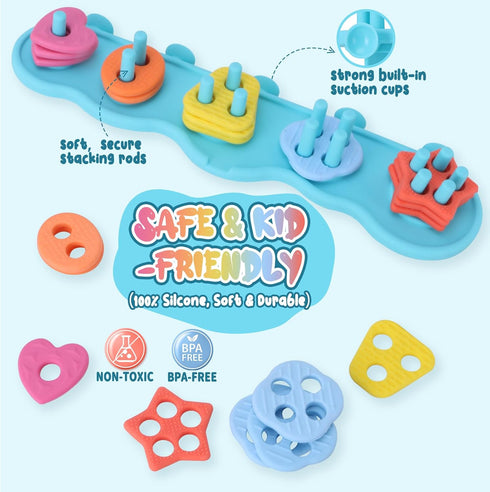 Set 20 Baby Bath Toys, Mold Free Silcone Shape Sorting & Stacking Bath Toy with Textured Floating Pieces, No Hole
