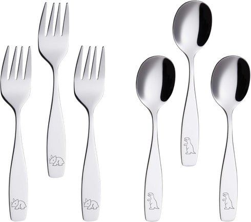 ANNOVA Children's Flatware 6 Pieces Set, Stainless Steel Silverware with 3 Safe Forks and 3 Dinner Spoons, Engraved