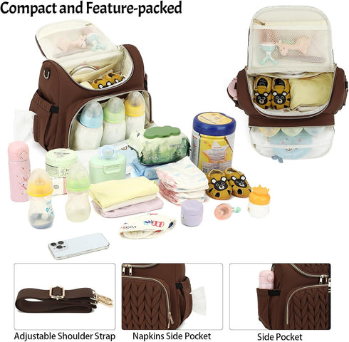 Bevkois Backpack Small Diaper Bag Quilted Mini Baby Crossbody Diaper Bag Tote for Mom and Baby Girls Boys (Brown)