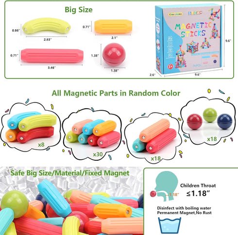 COUOMOXA 74 PCS Magnetic Blocks Sticks, Construction Building Learning Education Toys for 3+ Year Old