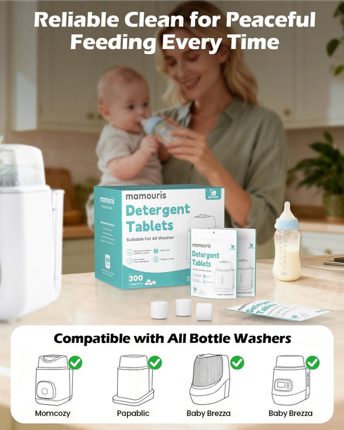 300PCS Official Detergent Cleaning Tablets: for Baby Brezza Grownsy Papablic Momfann Bottle Washer - Baby Bottle Washer