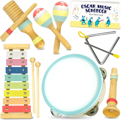 Toddler Musical Instruments Set | Montessori Wooden Music Toys for 1-3 Years | Modern Boho Xylophone with 15 Songbook