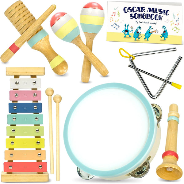 Toddler Musical Instruments Set | Montessori Wooden Music Toys for 1-3 Years | Modern Boho Xylophone with 15 Songbook