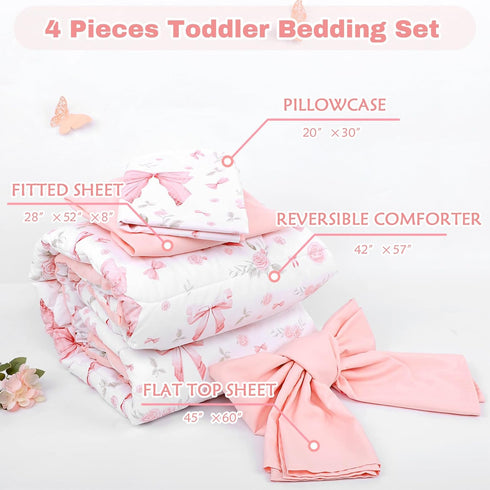 Set 4 Set, Toddler Bedding for Girls Pieces Pink Rose, Soft Breathable Toddler Comforter Bow Flower Print, Includes