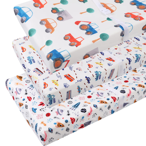 Changing Pad Cover Set 3 Pack Jersey Knit Ultra Soft for Baby Boys Girls, Rocket Satellite/Car/Bus