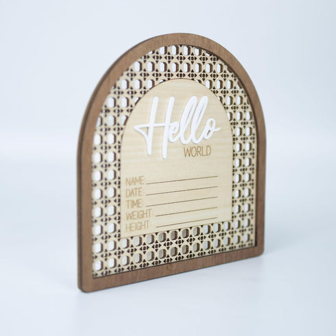 TTMerriwood 6.5 Inch Baby Announcement Sign Wooden Hello World Newborn Welcome Sign Birth Name Plaques for Photo Props