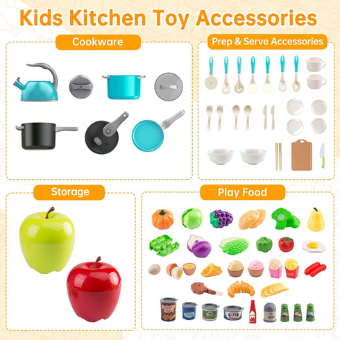 Funpynani 100Pcs Playset, 2 Kitchen Kids Pretend Cooking Play Pots, Pans, Utensils, Cookware, Toy Food Fruits Veggies