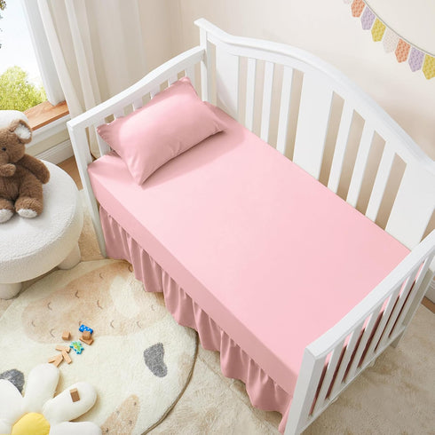2 Pack Set 28" 52" 14" Horbaunal Crib Skirt & Crib Bed Sheet, Pink Crib Bed Skirt x with Drop Dust Ruffle, Soft