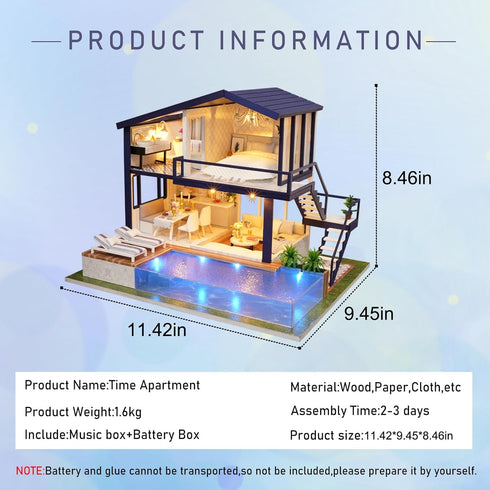 Swimming CUTEROOM Miniature House Kit, DIY Dollhouse Kit for Adults to Build, Mini House Making Kit with Furnitures