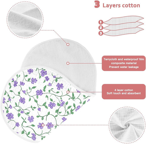 decor gift 4 Pack 22x11in Cotton Muslin Burp Cloths Large Soft Touch Purple Flowers Green Vines Burp Rags for Babies