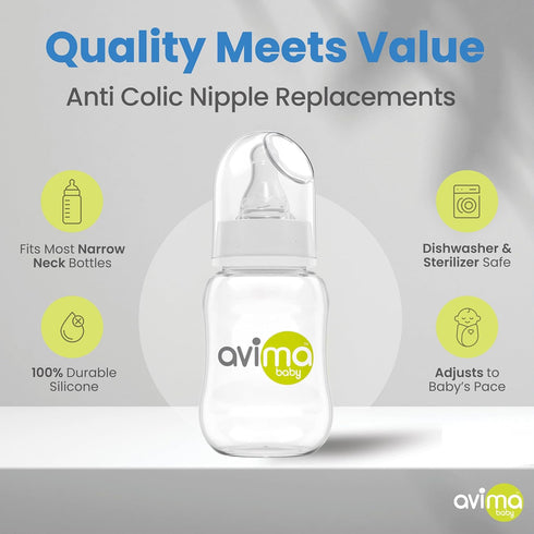 4 oz, 1 03 Set 6 Avima Anti-Colic Baby Bottles Slow Flow Nipples BPA-Free, Standard Neck Stage for Months