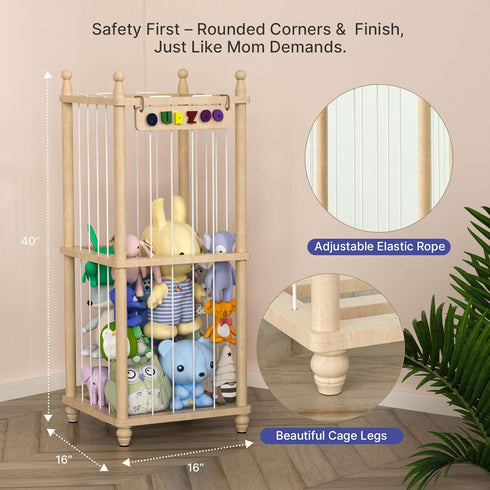 40" 3D Stuffed Animal Storage Zoo, Tall Solid Pine Wood Toy Organizer with Exclusive Sign, Large Vertical Plushie Cage
