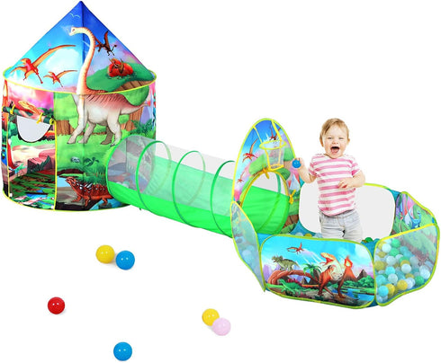 3pc Dinosaur Play Tent for Boys - Ball Pit, Crawl Tunnel, Play Tents for Toddlers, Indoor & Outdoor Play House Toys