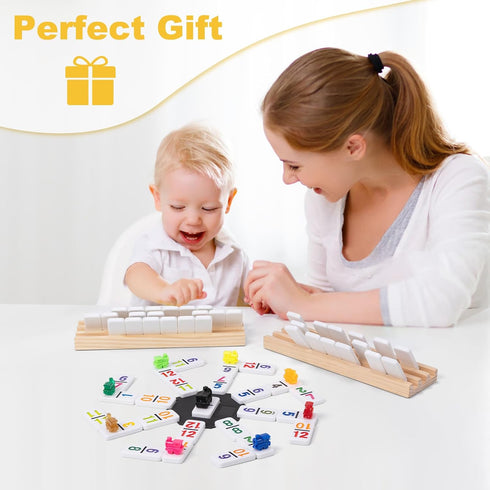 Set 91 4 12 Set Mexican Train Dominoes with Number Tiles, Wooden Racks, Double Dominoes Game for Family Fun, Parties