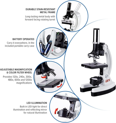 AmScope 120X-1200X Beginner Microscope STEM Kit, 52-pcs with Metal Body, LED Light, and Carrying Box