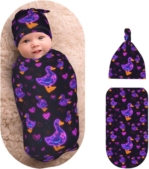 Nanyizly Neon Glowing Duck Hearts Flowers Newborns Beanie Swaddle Blanket Set Baby Receiving