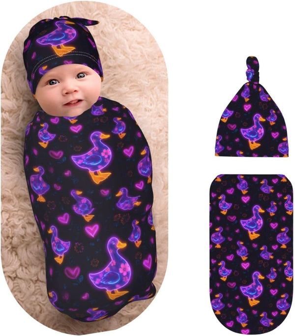 Nanyizly Neon Glowing Duck Hearts Flowers Newborns Beanie Swaddle Blanket Set Baby Receiving