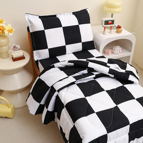 Set, Set, 4 Set Caressma Checkered Toddler Bedding Classic Black and White Plaid Bed Fluffy Grid Buffalo Plaid Pieces