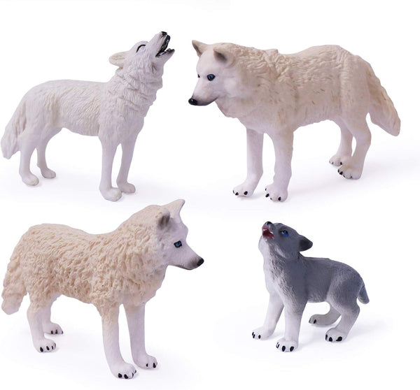 UANDME 4pcs Wolf Toy Figurines Set, Arctic Wolf Family Cake Topper Toy Gift for Kids (White)