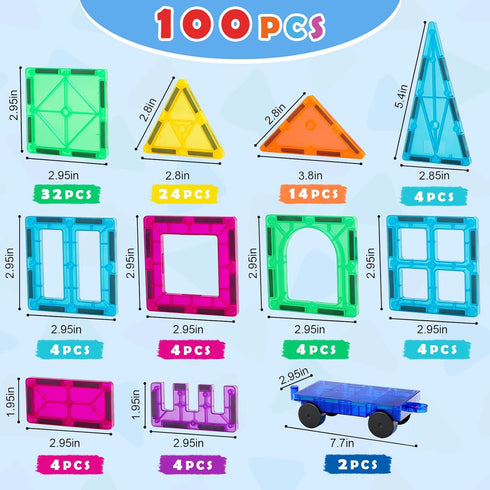 Gemmicc 100 2 PCS Magnetic Tiles with Cars, STEM Approved Educational Magnet BuildingToys, Magnet Puzzles Stacking