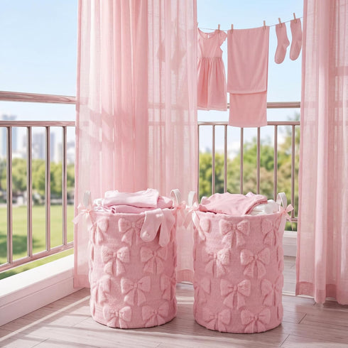 Blushtier 2 Pcs Pink Bow Laundry Hamper Girls Room Decor Coquette Pink Bow Plush Faux Fur Basket Kids Large Storage