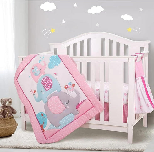 Elephant Crib Bedding Set for Girls, 4 Pieces Nursery Set Including Quilt/Fitted