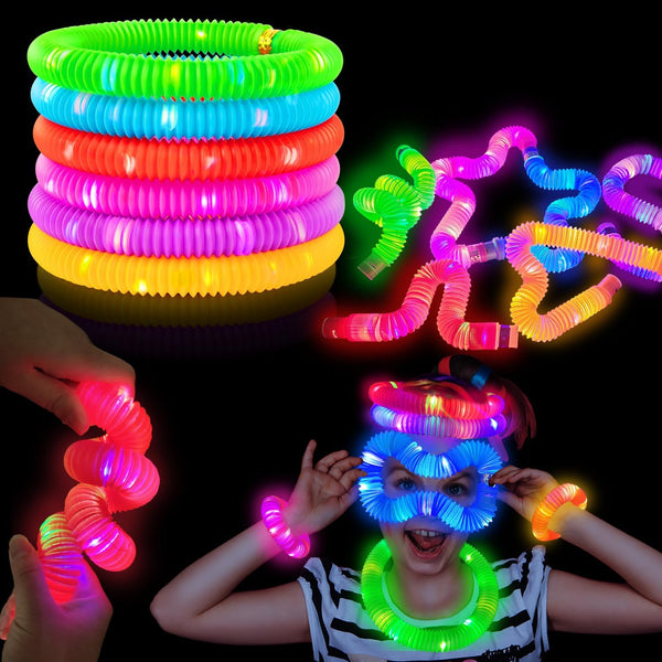 6 PCS Light Up Pop Tubes for Kids, Glow Sticks Party Favors, Neon LED Stretchy Bracelets for Children