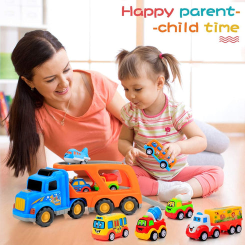 9 Pcs Cars Toys for Toddlers, Big Carrier Truck with 8 Small Cartoon Pull Back Cars, Colorful Vehicles with Sound and