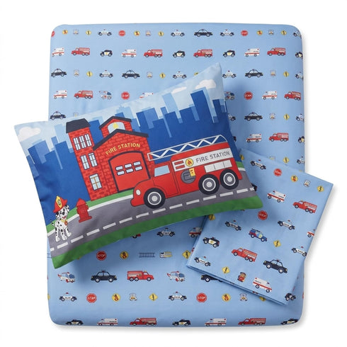 3-Piece Set Set EVERYDAY KIDS Toddler Fitted Sheet, Flat Sheet and Pillowcase - Police, Fire and Rescue - Soft