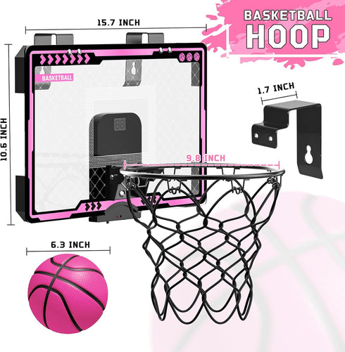 Mini Over The Door Basketball Hoop for Kids - Unicorn Pink with Electronic Scoreboard, 3 Balls, Birthday Gifts for Ages
