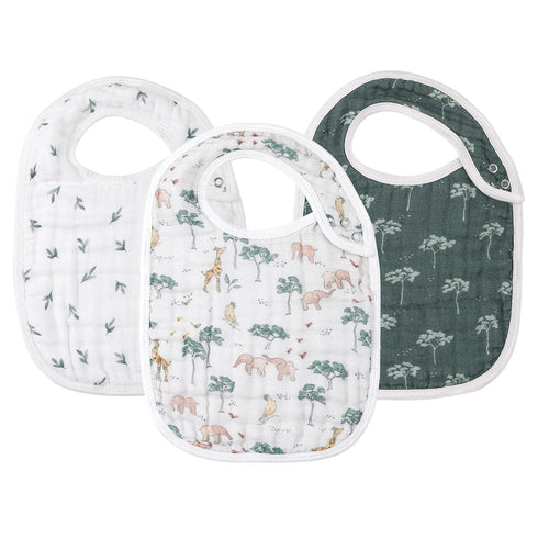 Snap Muslin Bibs for Girls - 3-Pack Baby Bibs for Infants, 100% Cotton Muslin, Adjustable Snaps, Animal Jungle Design