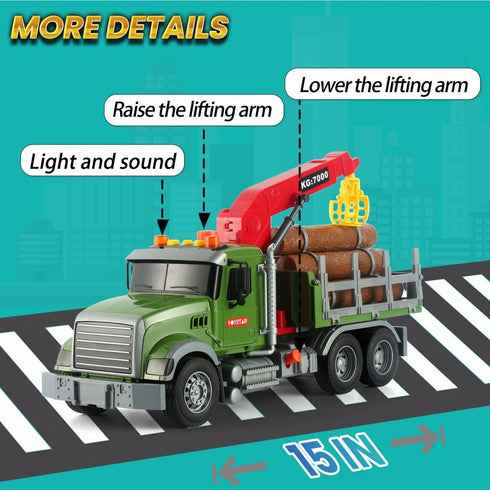 15" 6 3 4 5 6 Wenbeier Farm Truck Toy for Kids Large Timber Truck with Loading Crane and Woods - Log Truck with Sound