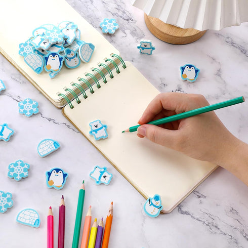 Tenare 150 Pcs Winter Animal Mini Erasers, Snowflake Snowman Bear Penguin for Kids Christmas Party