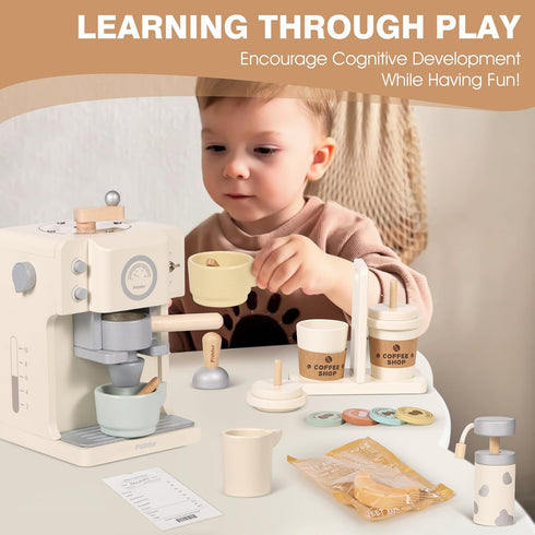 Playset Pithfor Kids Wooden Coffee with Grinder, Toy Coffee Maker for Kids Toddlers, Pretend Play Kitchen Appliances