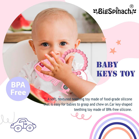 Baby Teething Keys Toys 6 to 12 Months - Gothic Car Keys Baby Teether Combo Set (KEY, Pink)