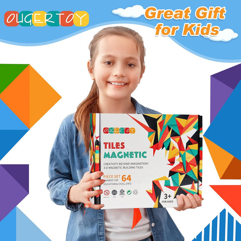 Magnetic Building Tiles for Kids, 64 PCS Educational Stacking Blocks for Boys & Girls, STEM Learning Toys
