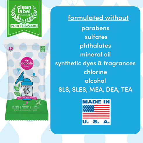 25 Count (2 Pack) Dapple Breast Pump Wipes, Powered by Plants, Hypoallergenic, Removes Milk Residue, Fragrance Free