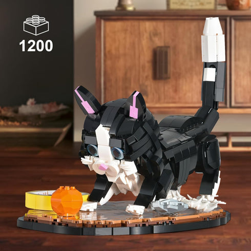 Sets 8+ (1200pcs) XITALAXU Tuxedo Cat Building for Adult,Animal Black Cat Building Blocks Toy with Display Base,Home