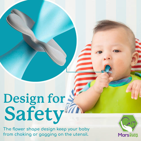 Mars Baby Flower Design Self-Feeding Training Utensils for Toddlers, Easy to Hold Weaning Tools, Blue